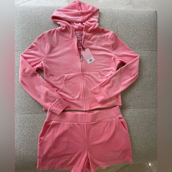 Juicy Couture Jackets & Blazers - NWT Juicy Couture Bling Velour Hoodie & Shorts Tracksuit Bright Pink, Size L